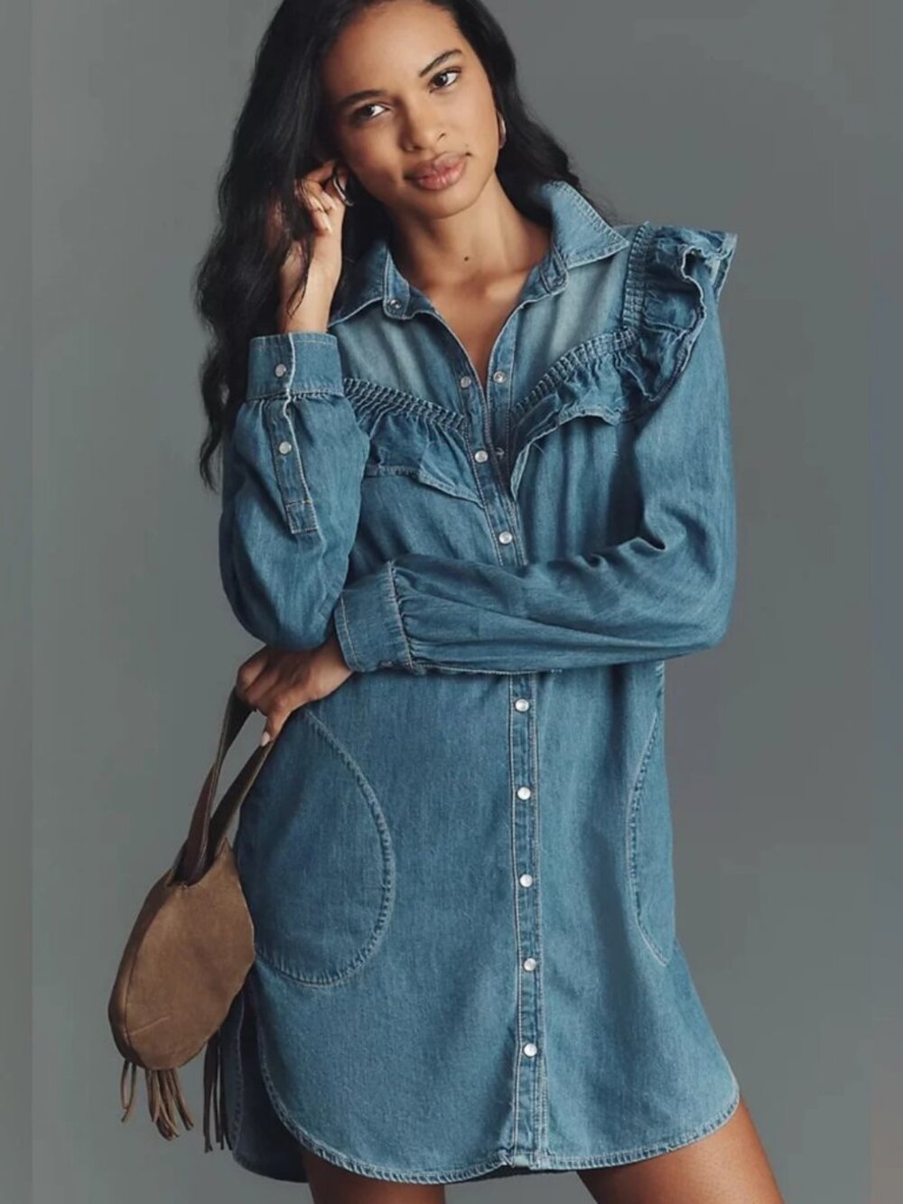 Anthropologie Pilcro Long-Sleeve Ruffled Denim Mini Shirt Dress - L